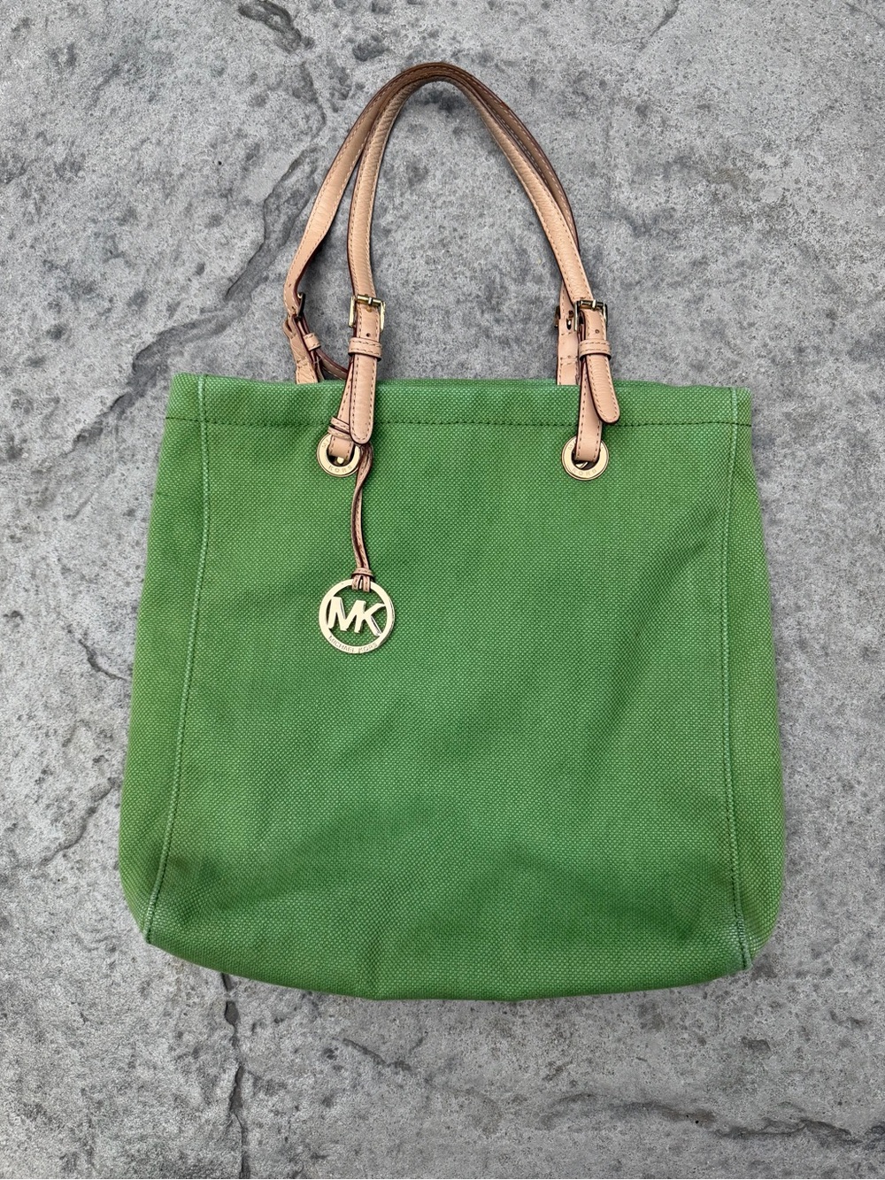 Michael Kors Green Canvas Tote with Tan Leather Straps and Gold MK Charm